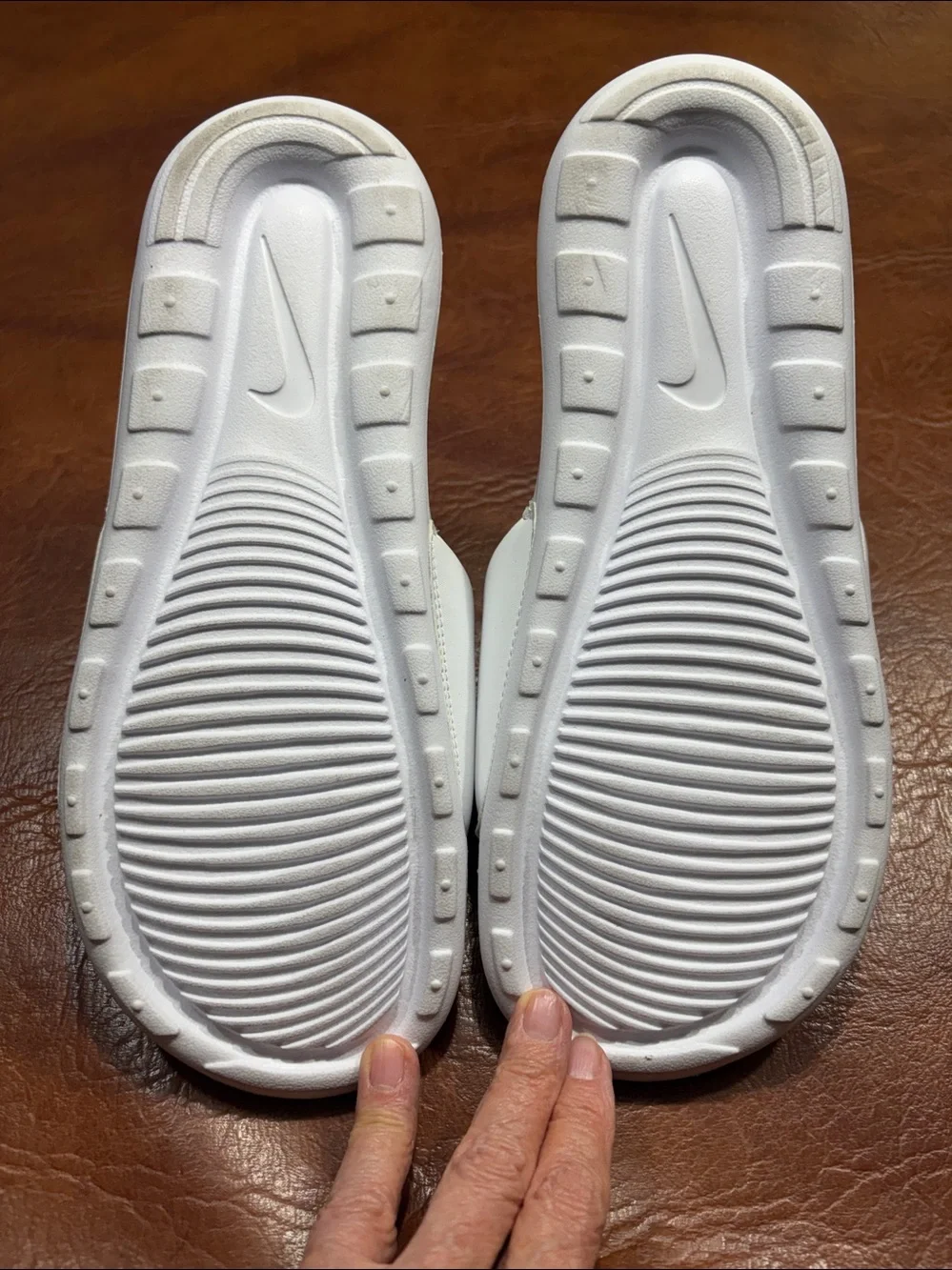 Nike White and Black Logo Slide Sandals Size 8 great shape